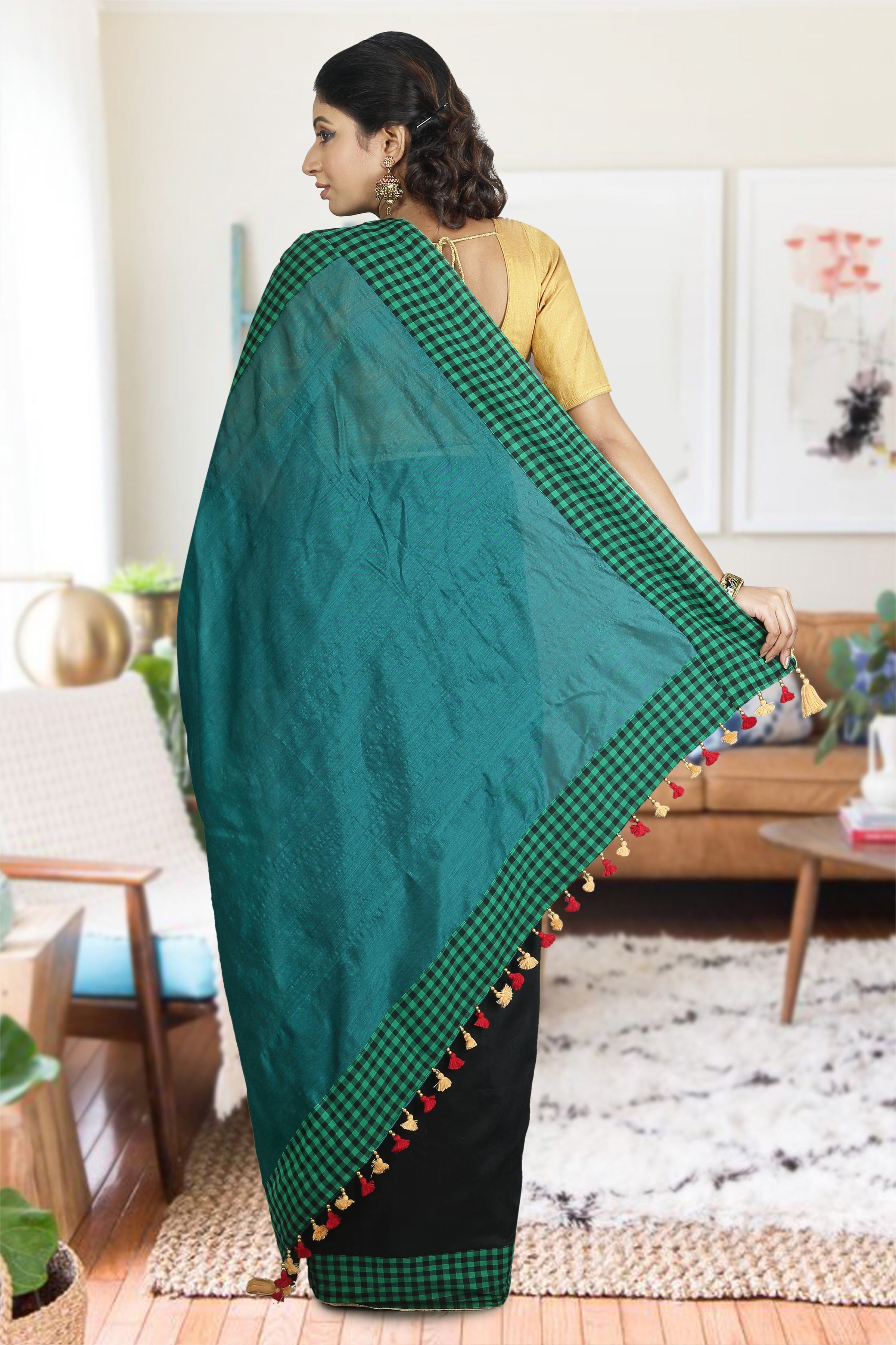 Teal and Black Blended Cotton Saree