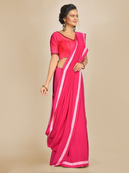 Deep Pink pure Handspun Cotton Hand woven saree