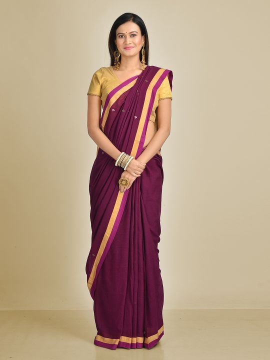 Deep Purple pure Handspun Cotton Hand woven saree