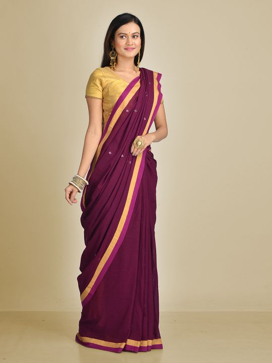 Deep Purple pure Handspun Cotton Hand woven saree