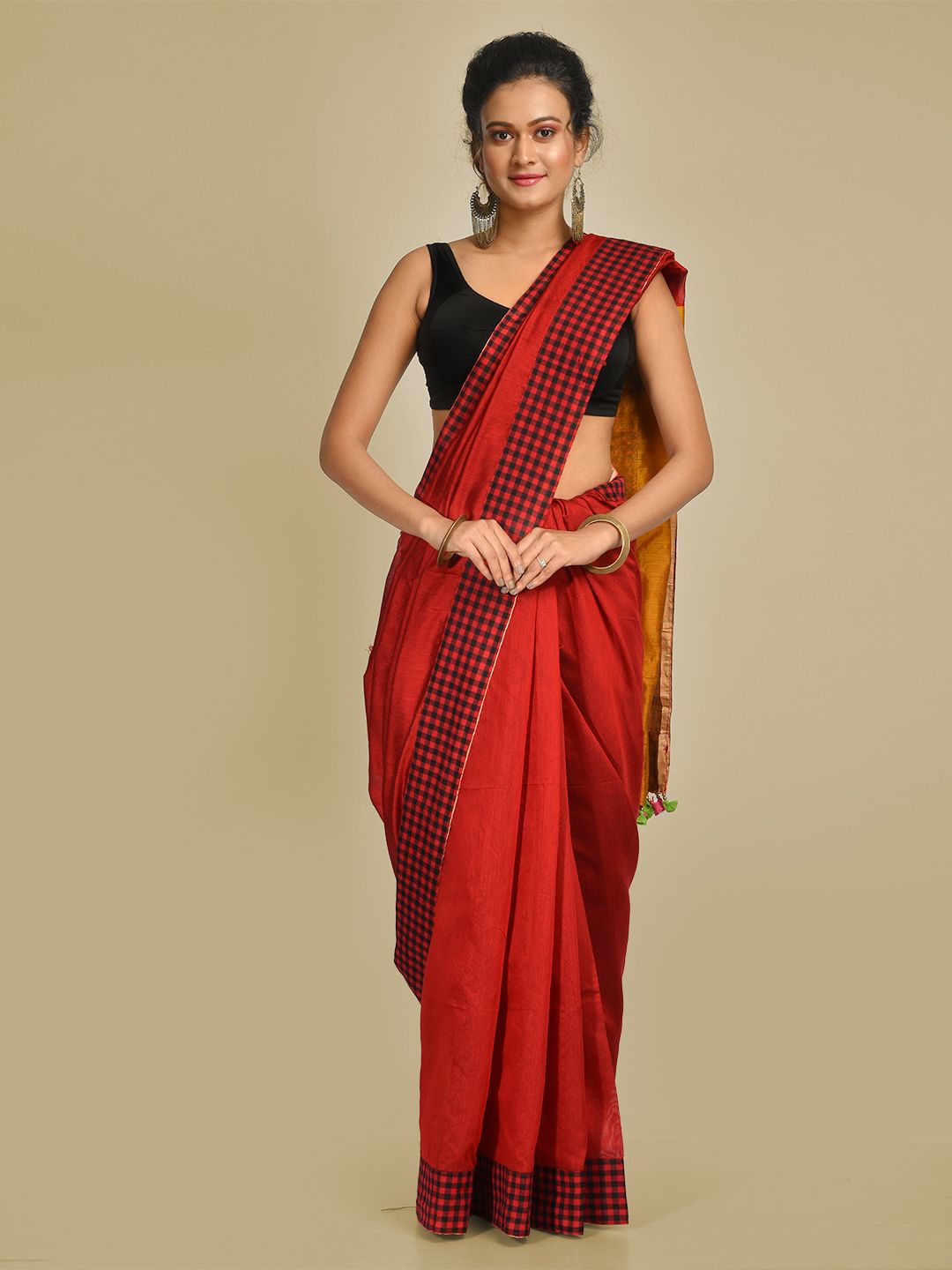 Maroon soft Cotton Hand woven saree