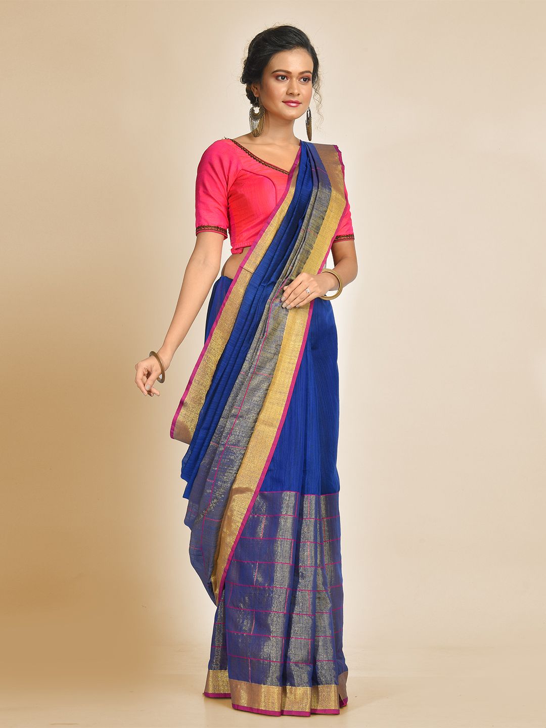 Blue Art Silk and Cotton Blended Hand woven saree with  zari