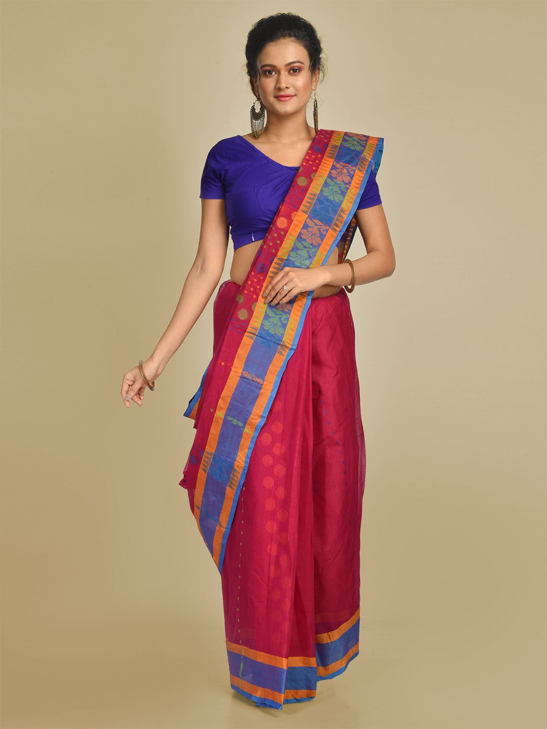 Mggenta Pure Cotton hand woven jamdani buti tant saree