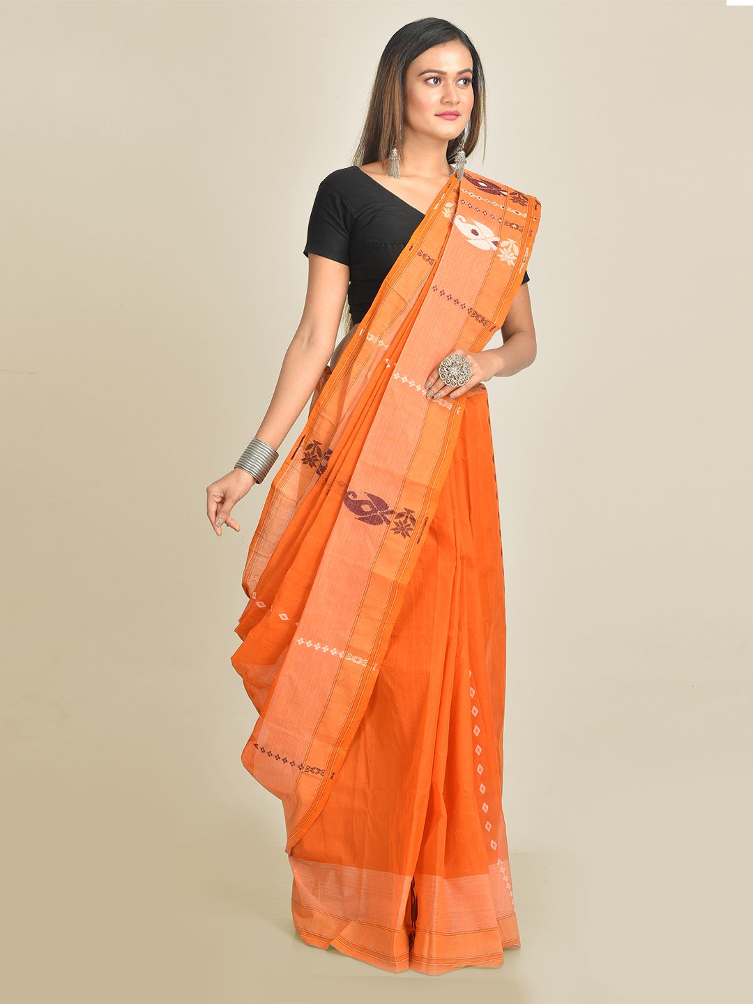 Mustered Pure Cotton hand woven jamdani saree with starch