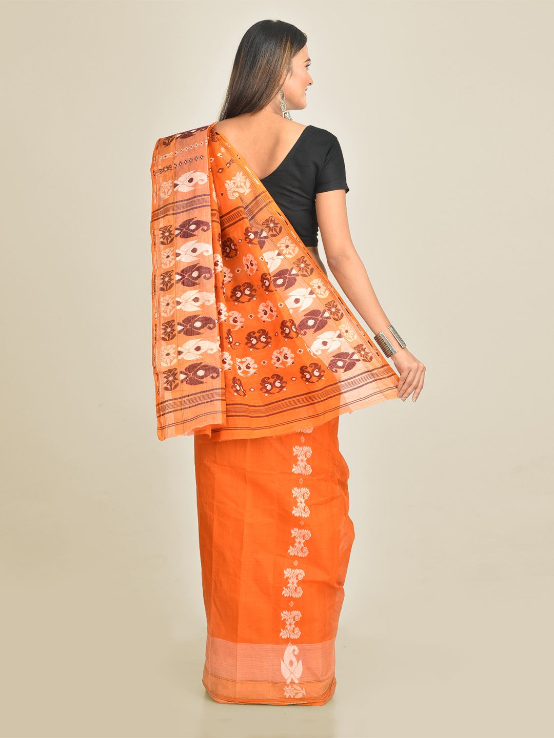 Mustered Pure Cotton hand woven jamdani saree with starch