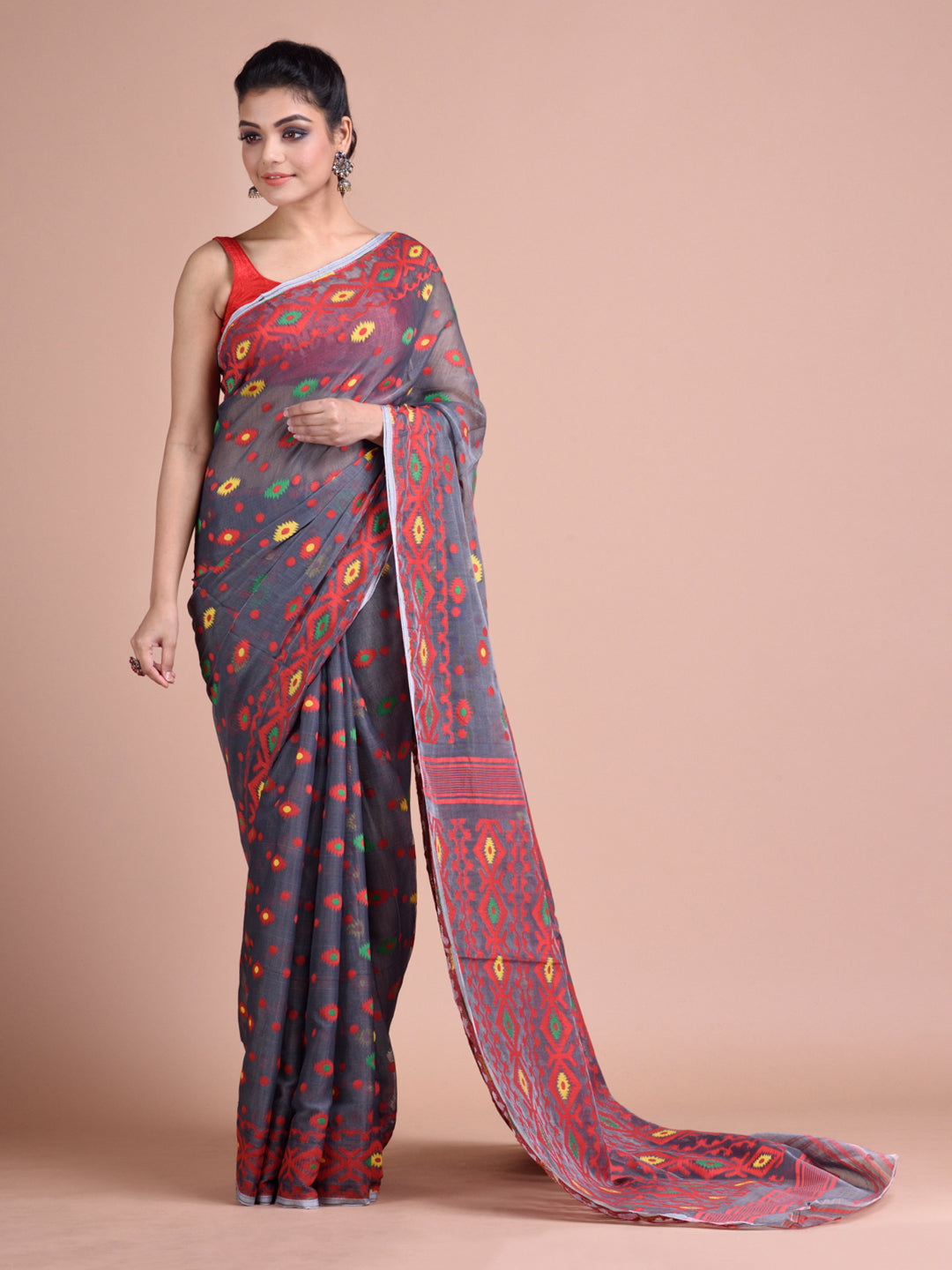 Grey and Multicoloue Cotton Blended Hand woven soft Jamdani saree