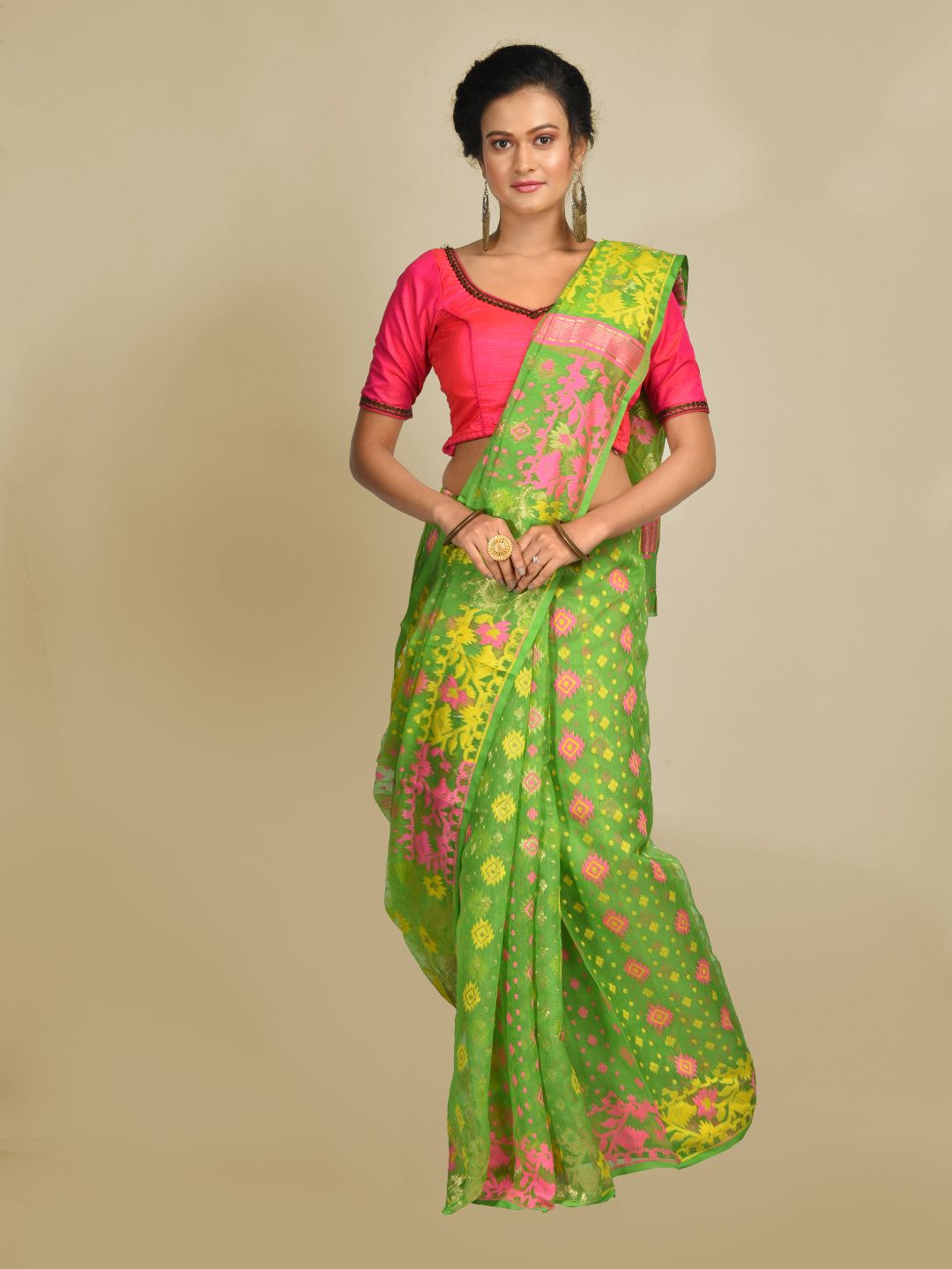 Green Cotton Blended Hand woven soft Jamdani saree