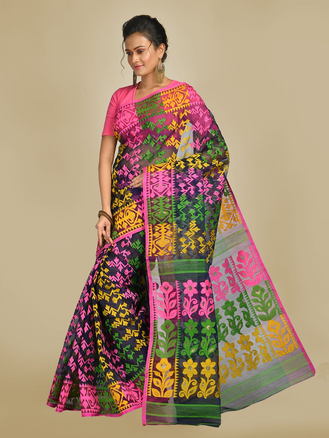 Multicolor Art Silk Cotton Blended Jamdani saree with starch