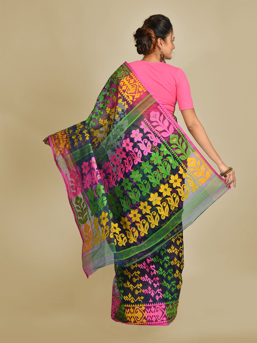 Multicolor Art Silk Cotton Blended Jamdani saree with starch