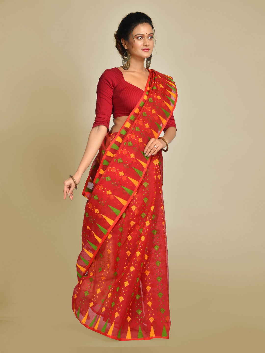 Red Art Silk Cotton Blended Jamdani saree with starch