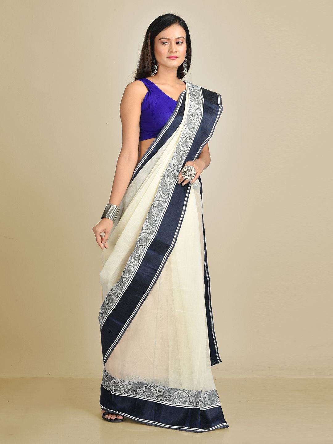 White with Blue Border Pure Cotton Hand woven Tant Tangaile Saree