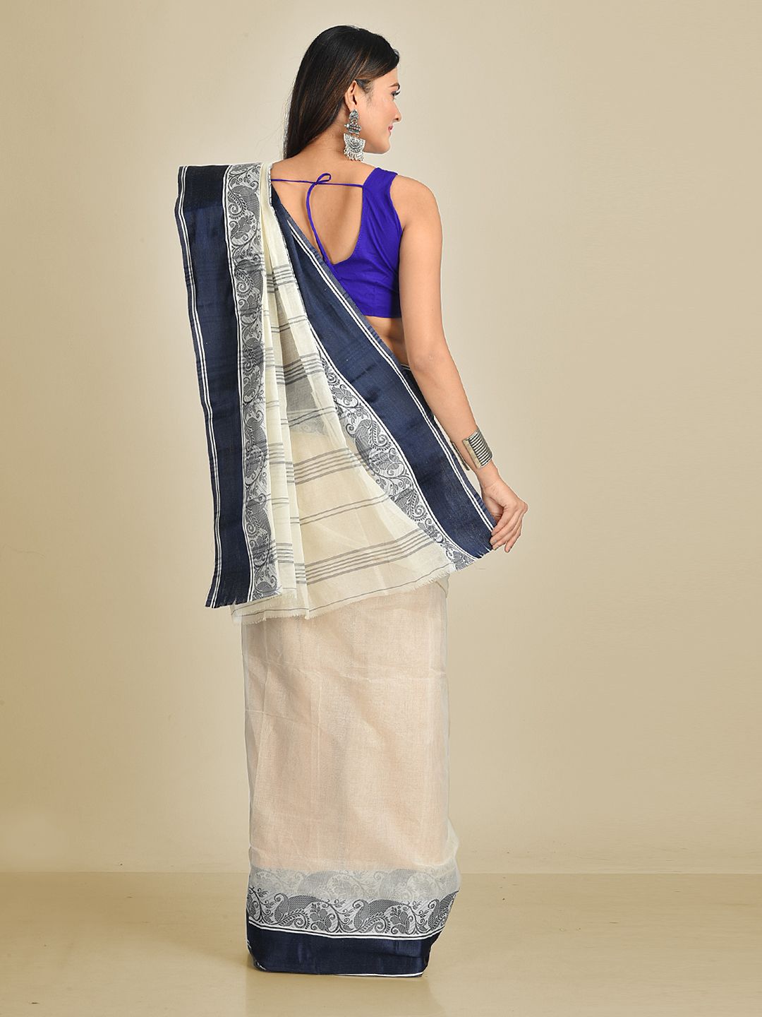 White with Blue Border Pure Cotton Hand woven Tant Tangaile Saree