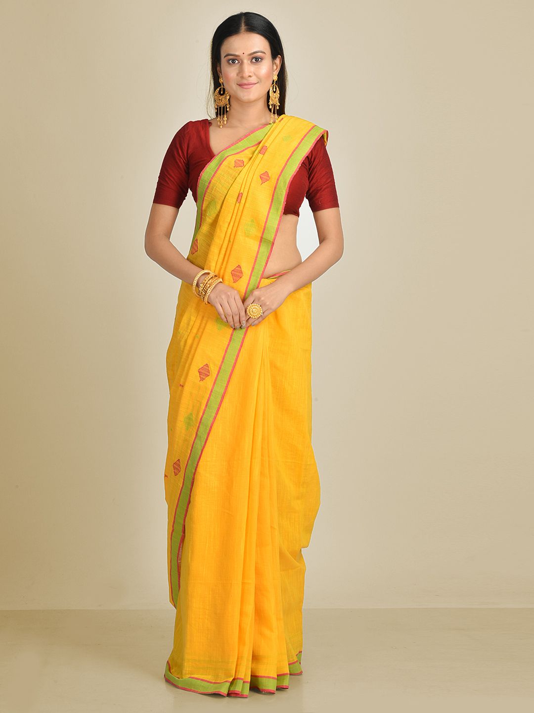 Yellow pure Cotton soft Hand oven saree