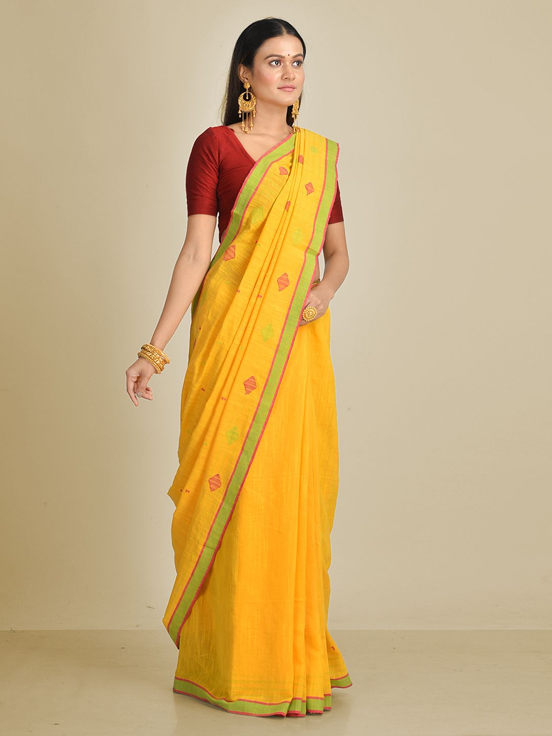 Yellow pure Cotton soft Hand oven saree