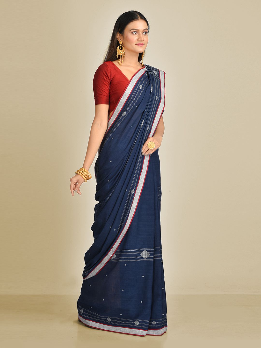 Blue Pure Cotton Hand woven soft saree with Jamdani work