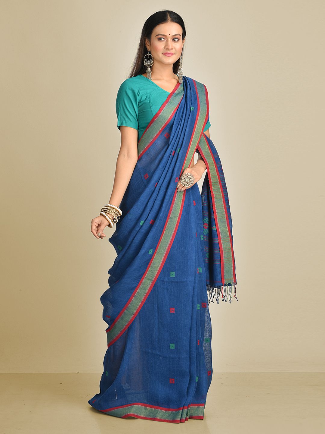 Blue Hand Woven Soft Linen Saree