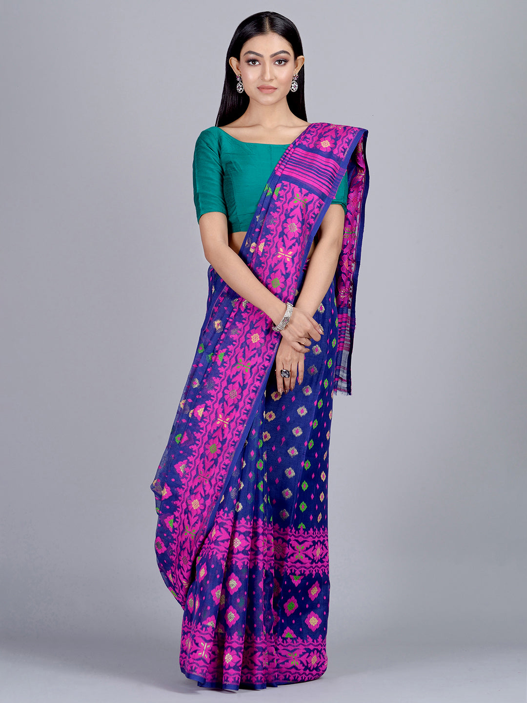 Multicolor Hand Woven Blended Cotton Jamdani Saree