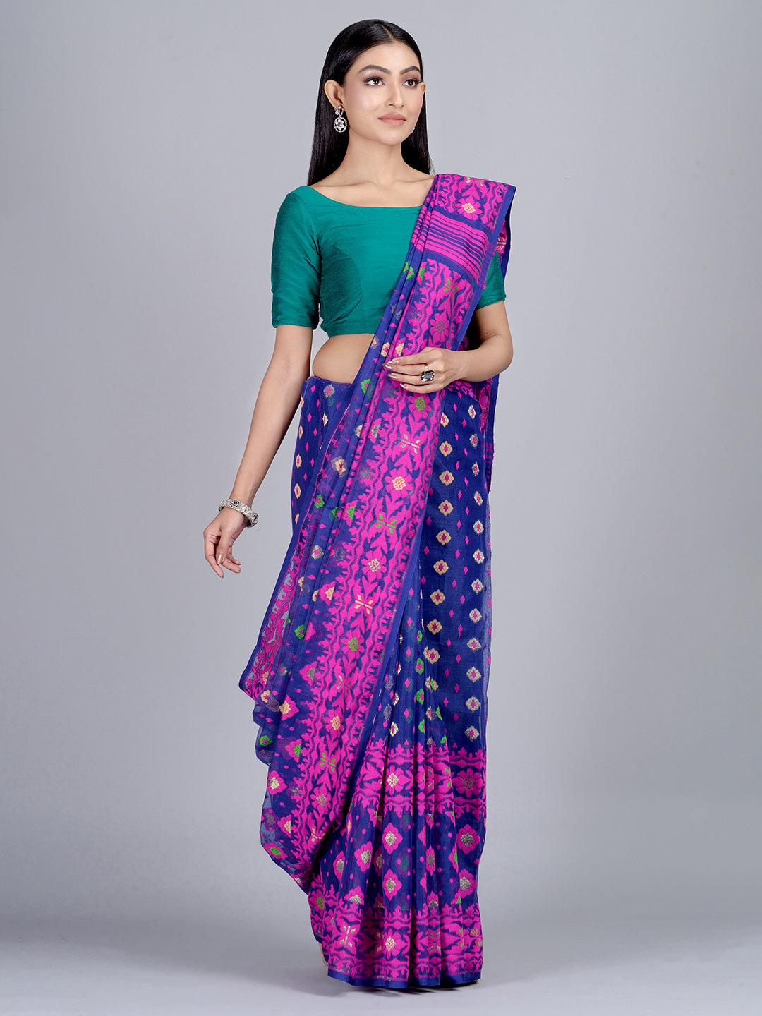 Multicolor Hand Woven Blended Cotton Jamdani Saree