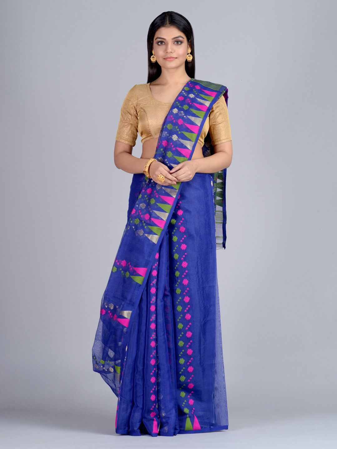 Blue & Multi Hand Woven Jamdani Saree