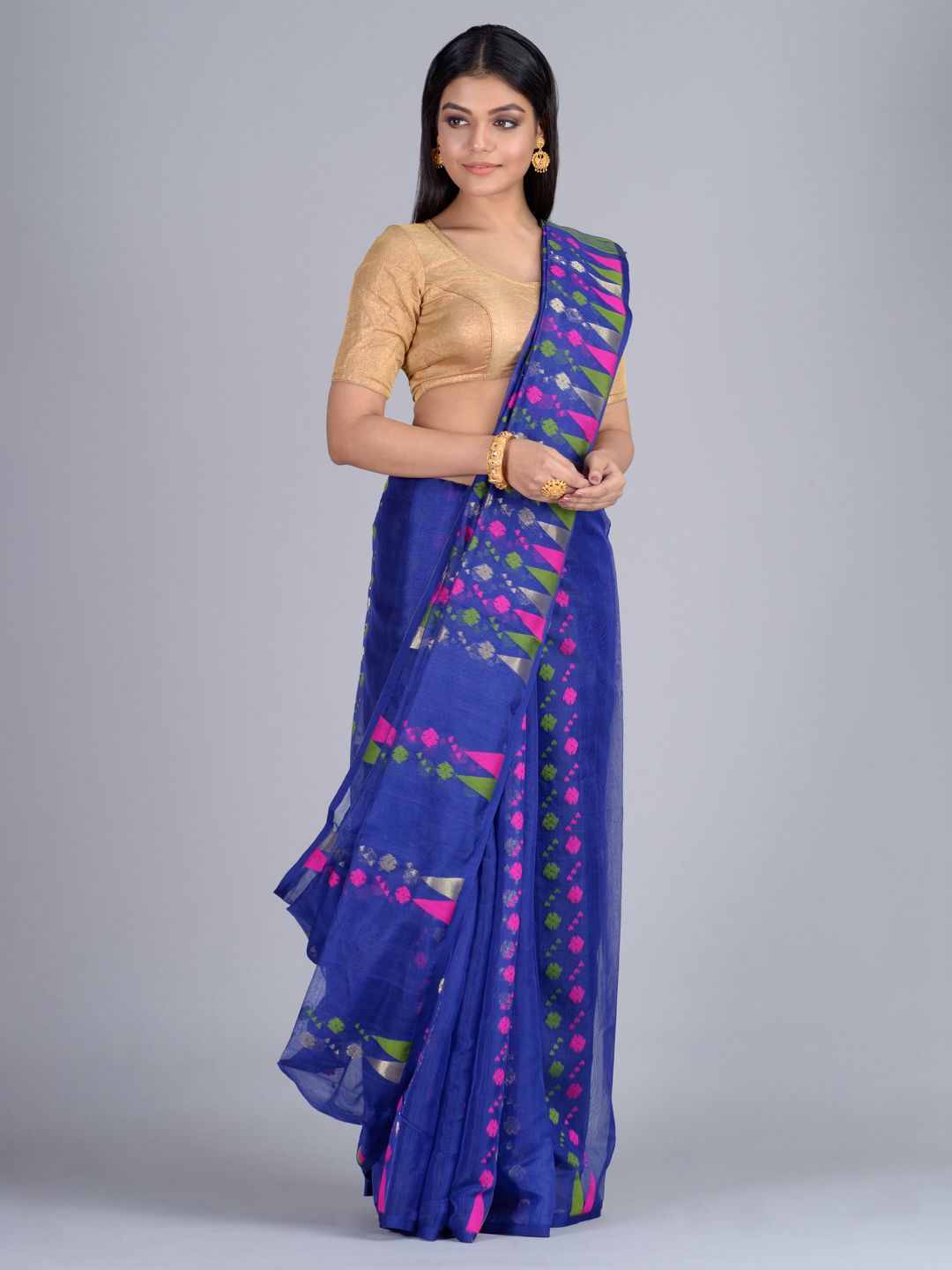 Blue & Multi Hand Woven Jamdani Saree