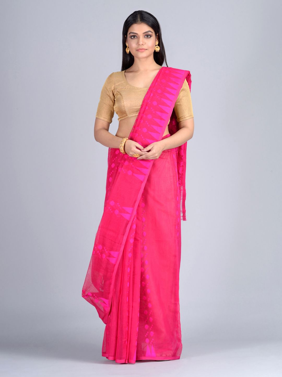 Deep Pink  Hand Woven Jamdani Saree