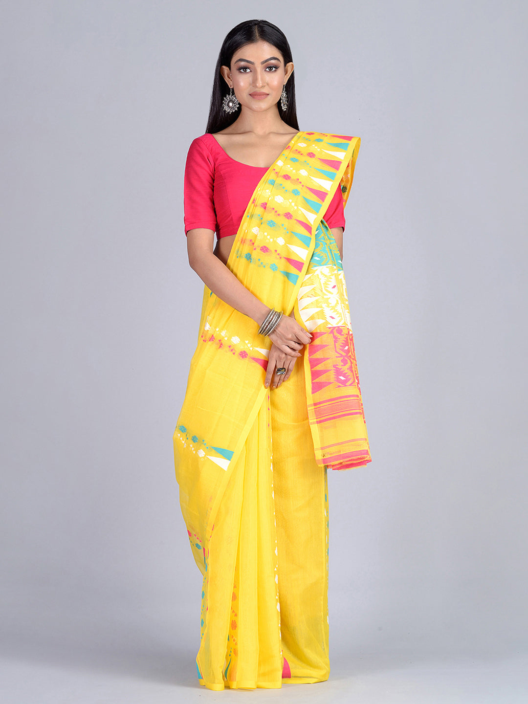 Yellow With Muticolour Handloom Jamdani Saree