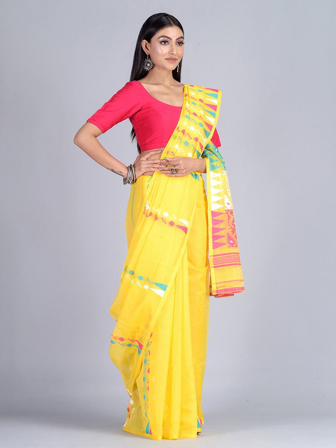 Yellow With Muticolour Handloom Jamdani Saree