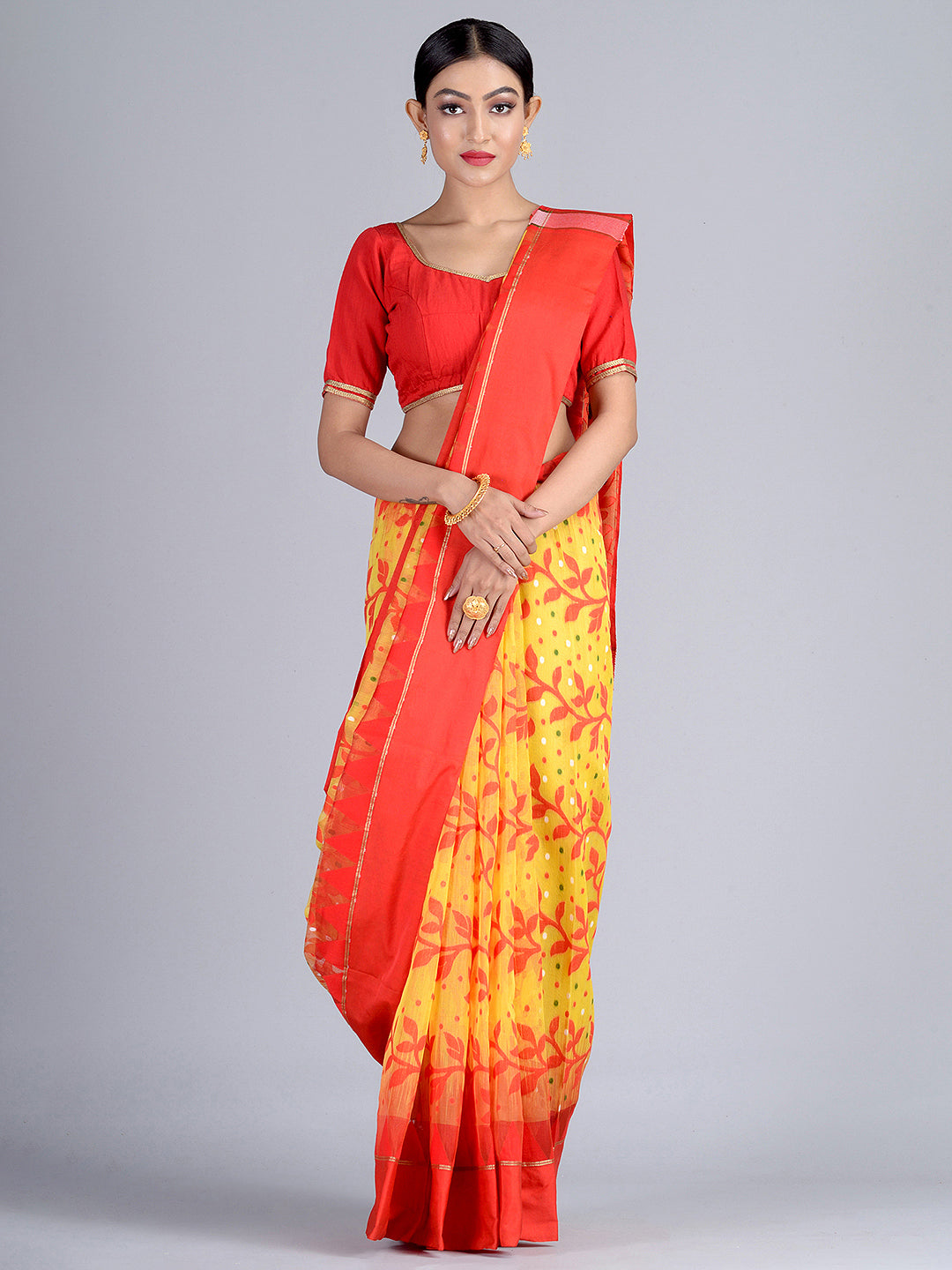 Yellow & Red Handloom Jamdani Saree