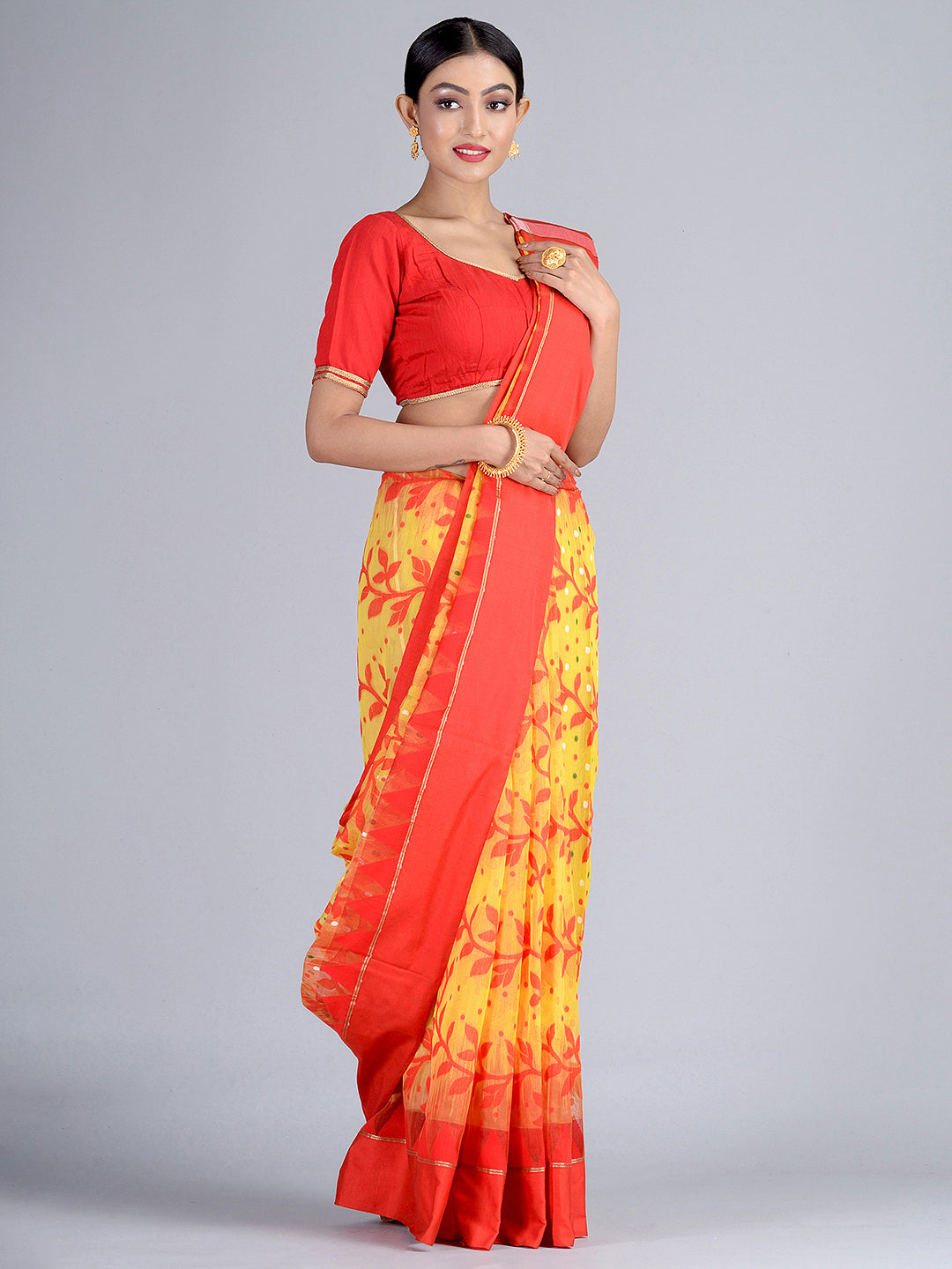 Yellow & Red Handloom Jamdani Saree