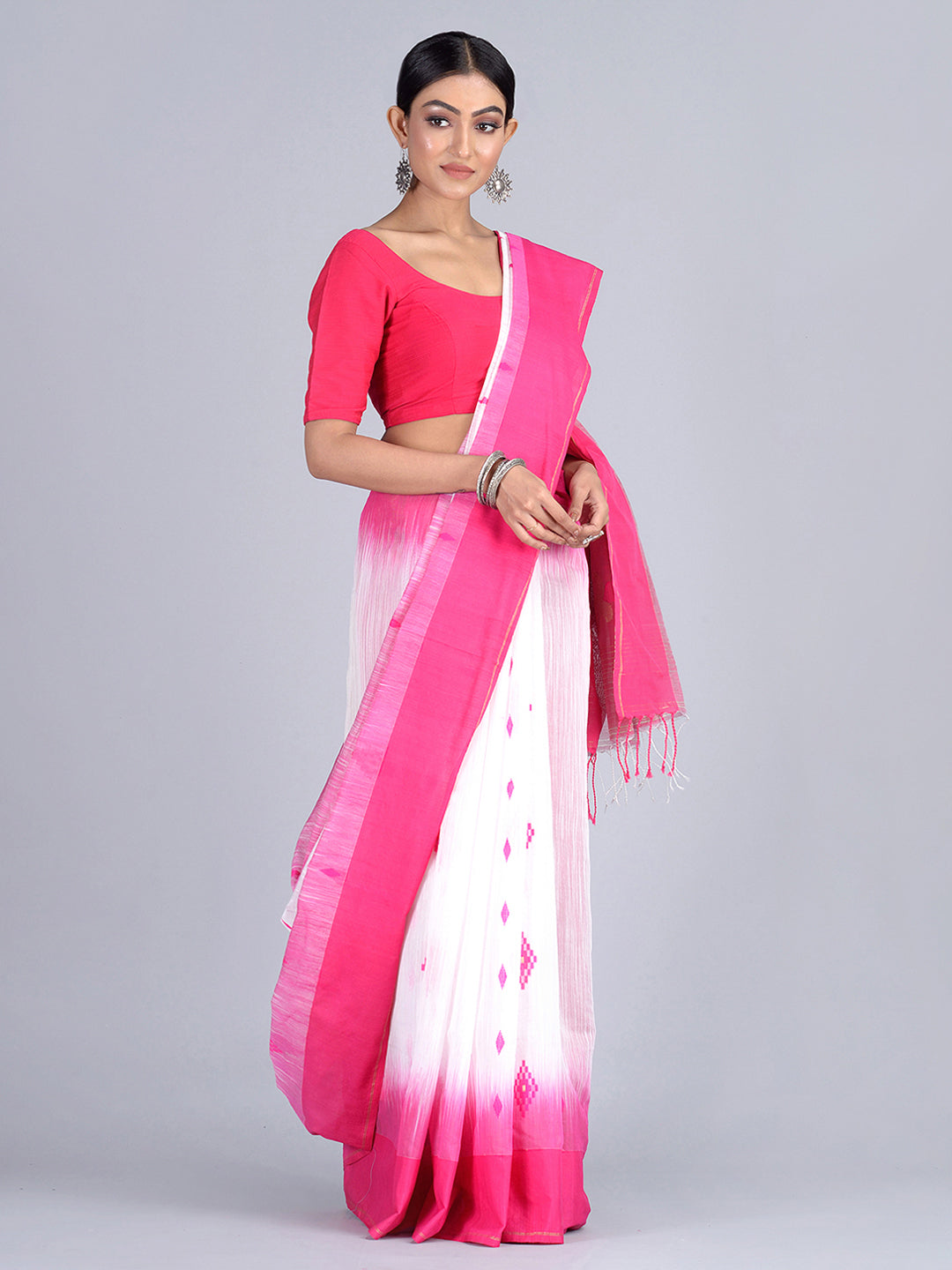 White & Pink Bengal Handloom  Saree with buti work