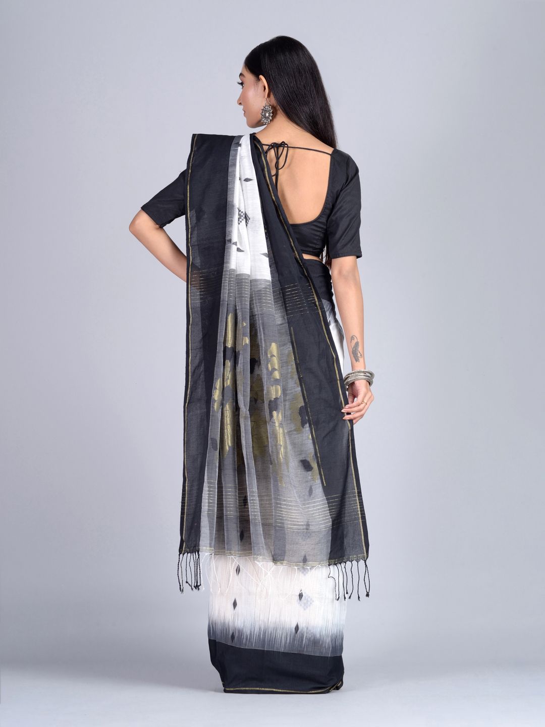 White and Black Contrast  Hand woven Saree