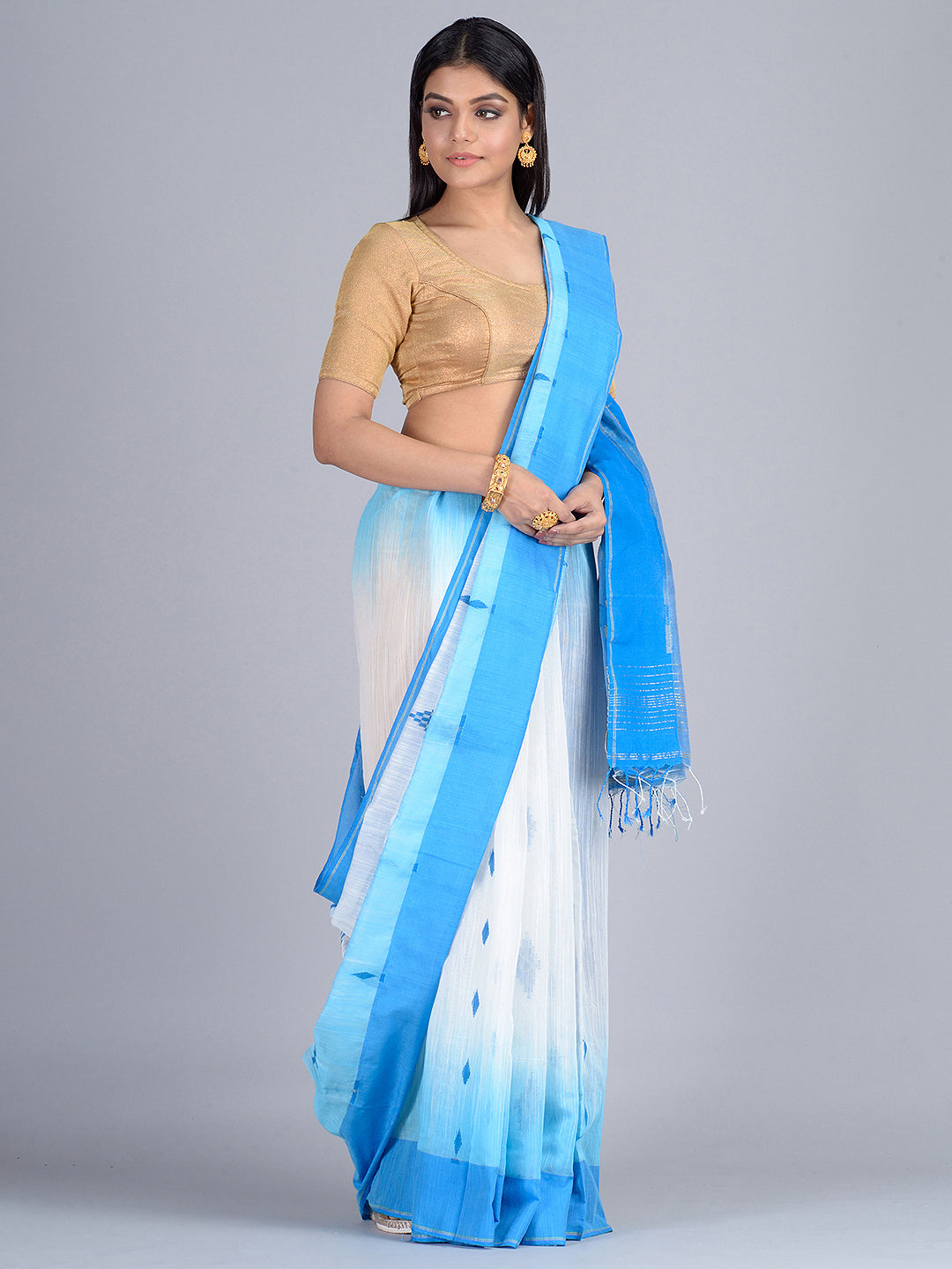 White & Blue Bengal Handloom  Saree with buti