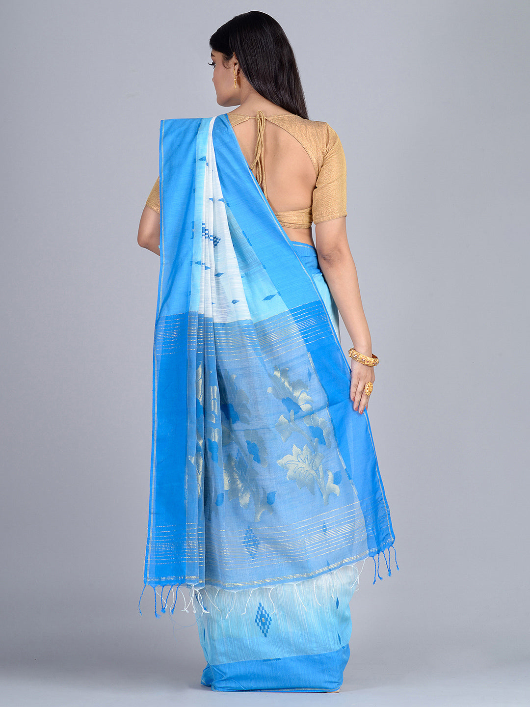 White & Blue Bengal Handloom  Saree with buti