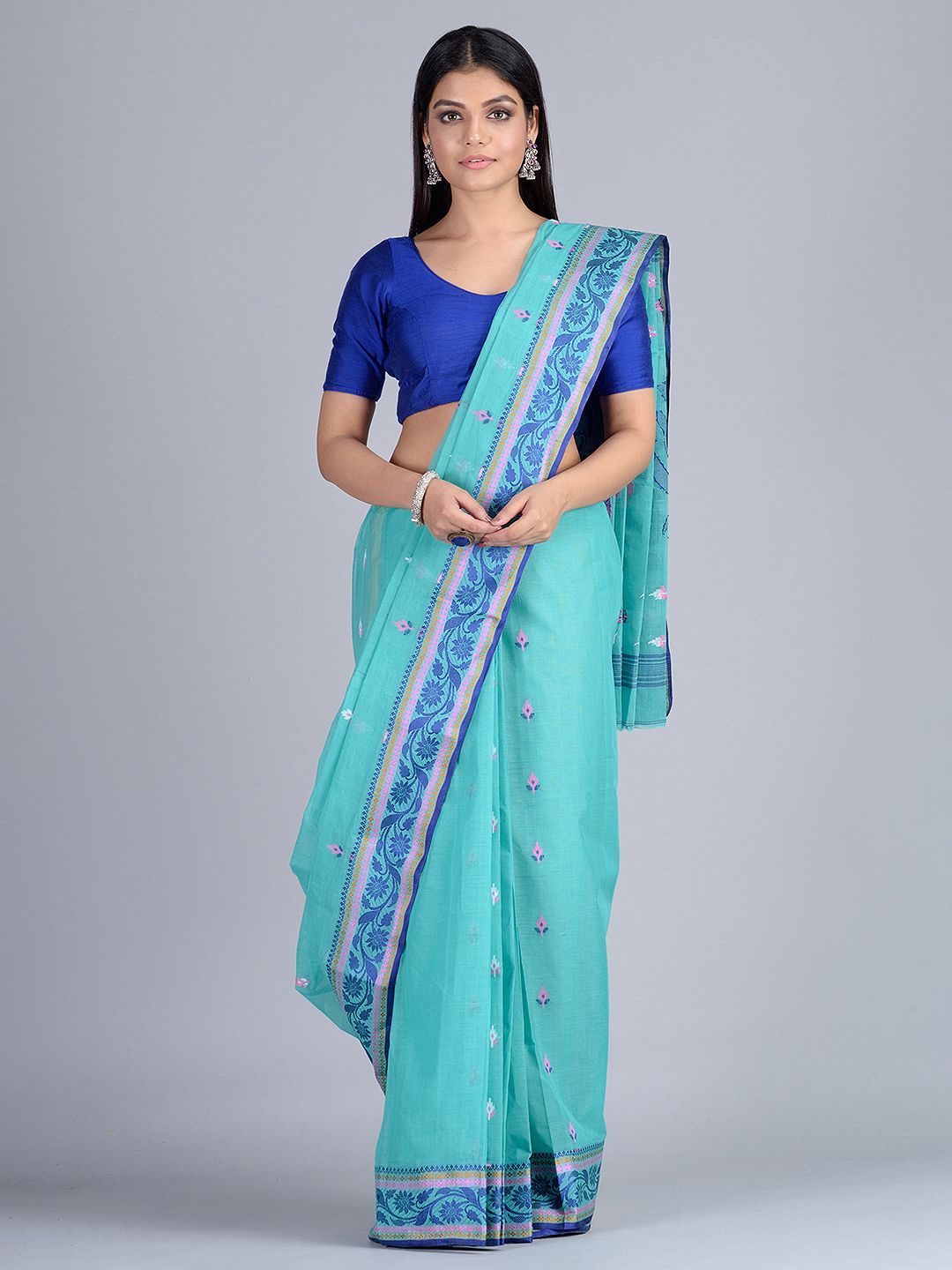 Sea Green Hand woven Pure Cotton dhakai pattern saree