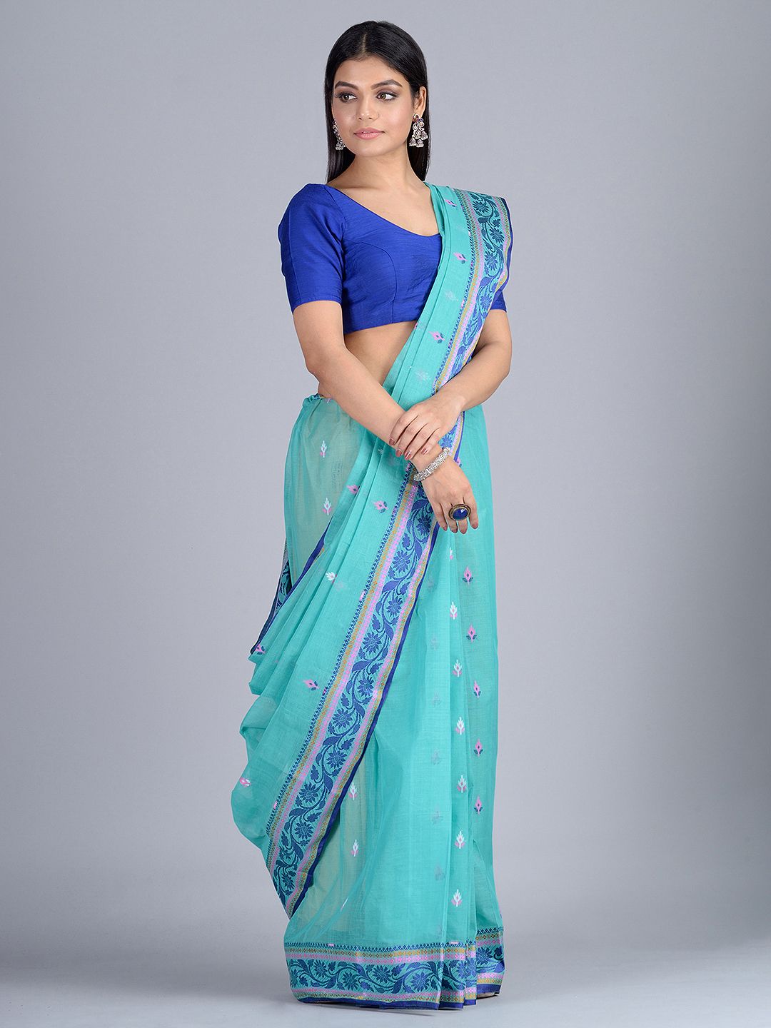 Sea Green Hand woven Pure Cotton dhakai pattern saree