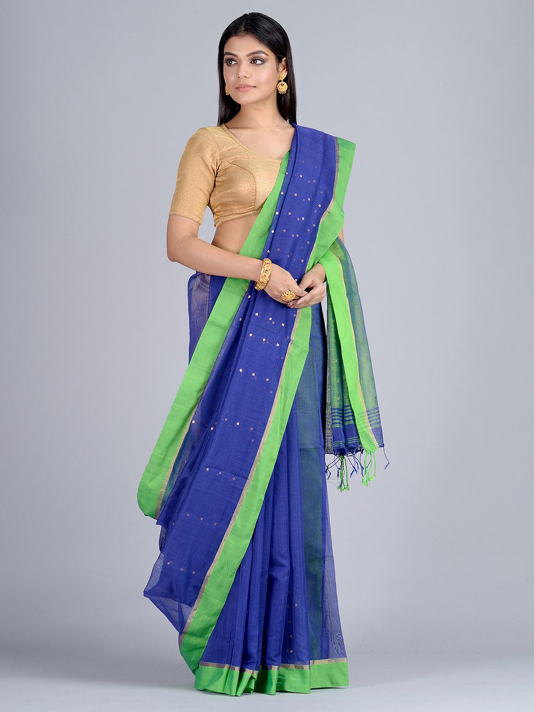 Blue and Green Hand woven Pure Cotton saree with Sequin work