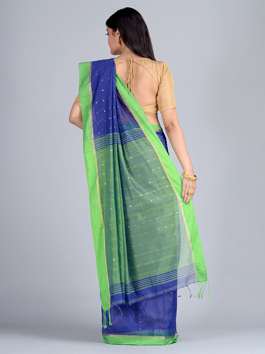 Blue and Green Hand woven Pure Cotton saree with Sequin work