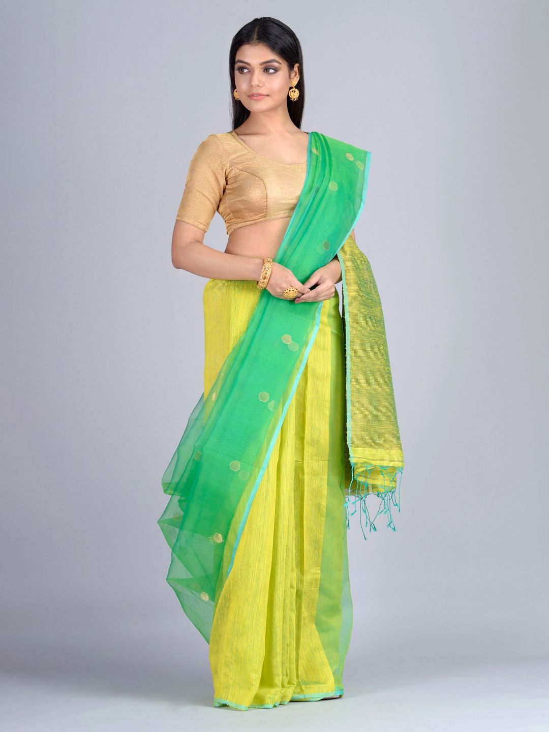 Yellow & Green Blended Matka Silk  Saree