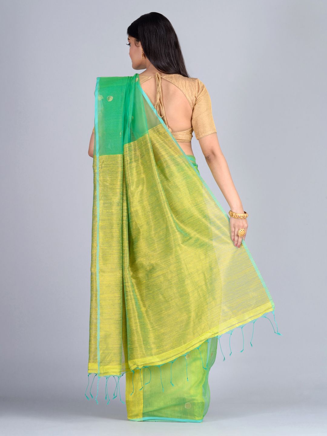 Yellow & Green Blended Matka Silk  Saree