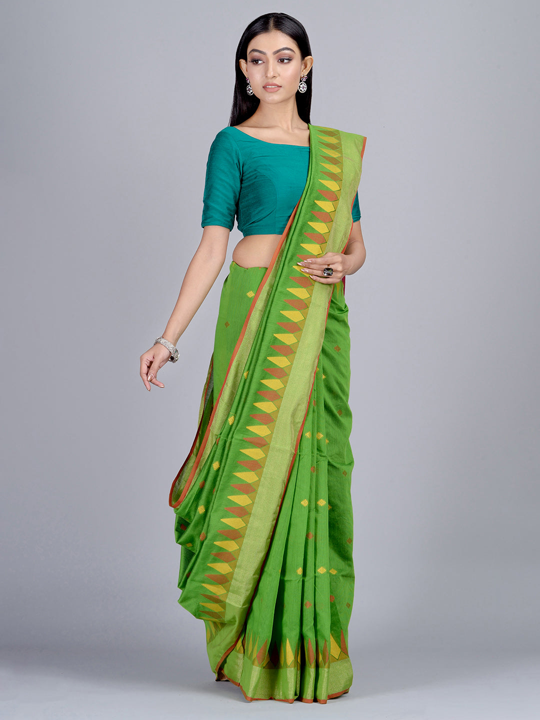 Green Blended Cotton Hand woven Saree with temple border