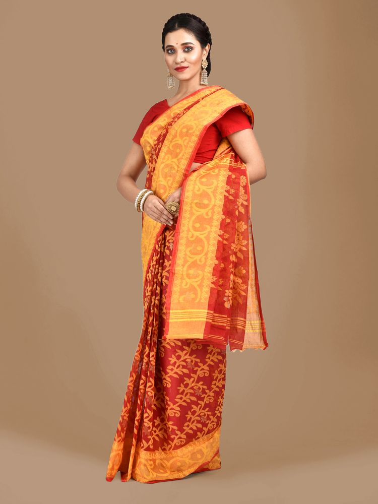 Yellow and Red Cotton Hand woven Jamdani saree