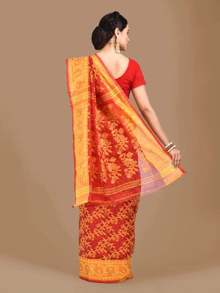 Yellow and Red Cotton Hand woven Jamdani saree