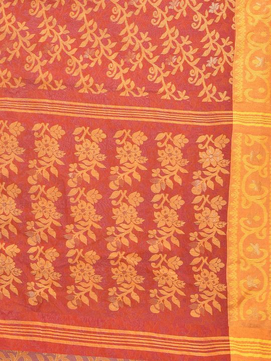 Yellow and Red Cotton Hand woven Jamdani saree