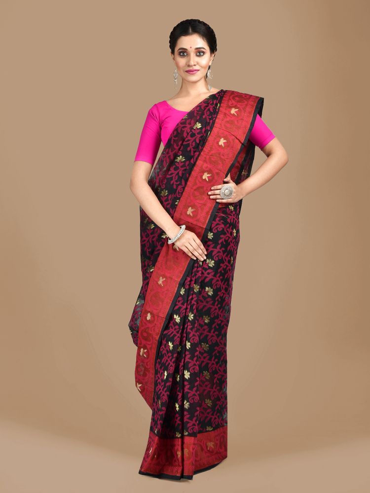 Black Cotton Hand woven Jamdani saree