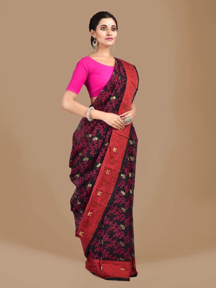 Black Cotton Hand woven Jamdani saree