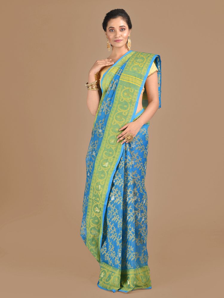 Blue Cotton Hand woven Jamdani saree