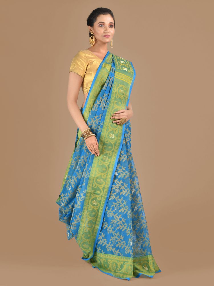 Blue Cotton Hand woven Jamdani saree