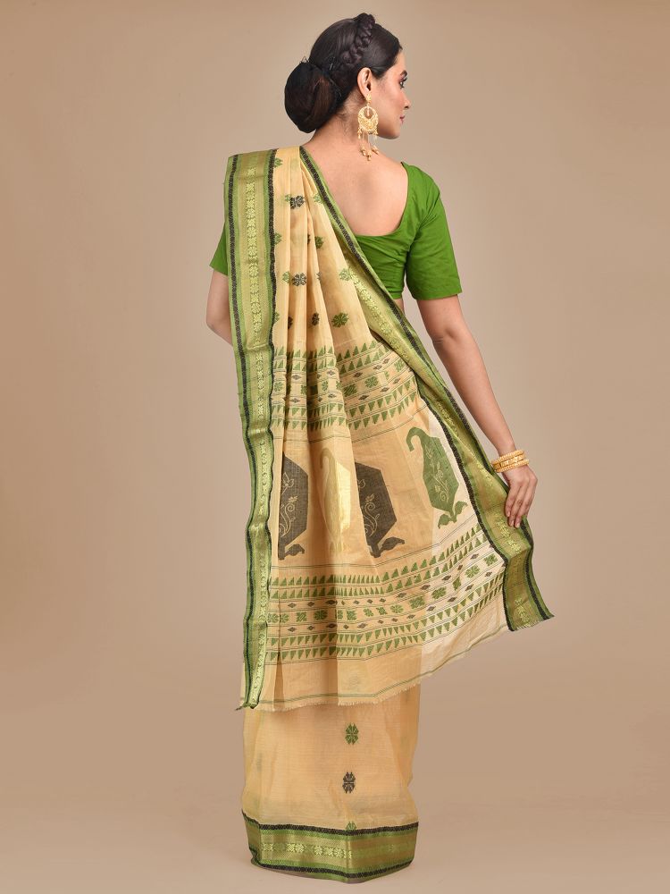 Beige with Green Tusser Cotton fine quality Hand woven saree