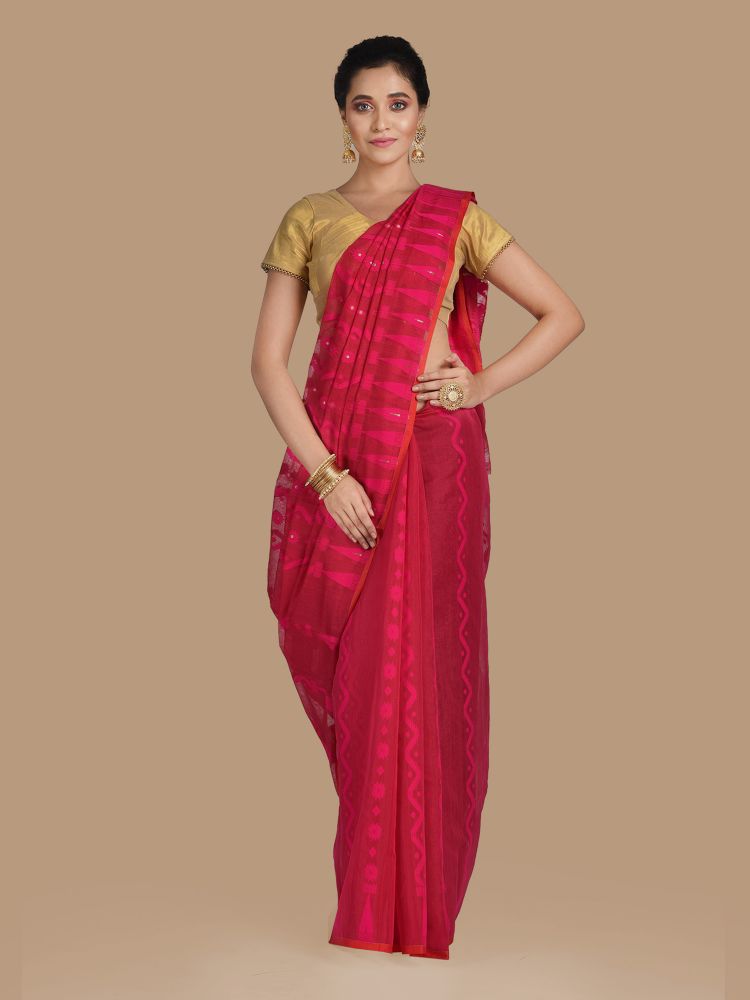 Red Silk Cotton Hand woven Jamdani saree