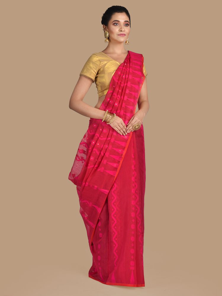 Red Silk Cotton Hand woven Jamdani saree